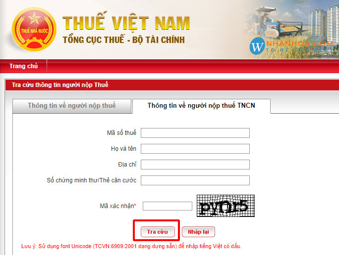 Giao diện tra cứu thuế thu nhập cá nhân của trang thuế Việt Nam